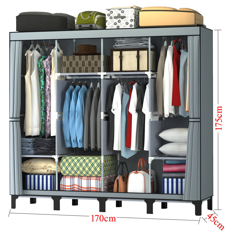 Symple Stuff Canvas Wardrobe Four Column Portable Wardrobes For Bedroom 165 45 175 Cm New Base Design Fabric Wardrobe Large Storage Space Foldable Wardrobe Grey Wayfair